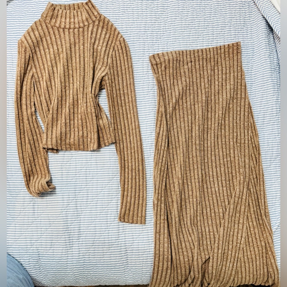 Tan Ribbed Knit Sweater and Skirt Set